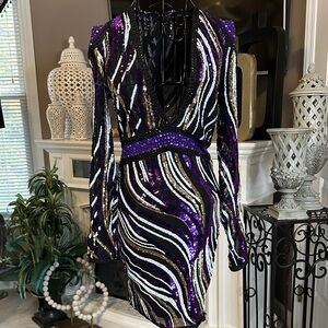 Fashion Nova Purple Sequin Long Sleeve Dress